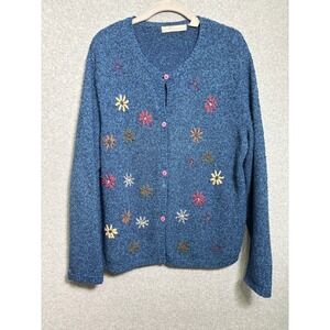 Blue Marled Floral Embroidered Cardigan Sweater Cottagecore Grandpa Chic L Artsy
